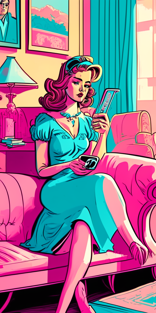 a bright room with colorful vintage furniture and decor in pink and blue pastel tones, in the style of Rangeland Romances comic book covers. A beautiful woman wearing a pink dress sits on the sofa looking at her smartphone.