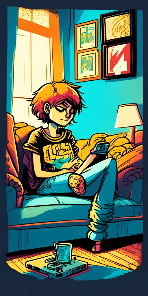 a bright room with colorful furniture in the style of Scott Pilgrim comic book art. A beautiful woman in jeans and a t-shirt sits on the sofa looking at her smartphone.