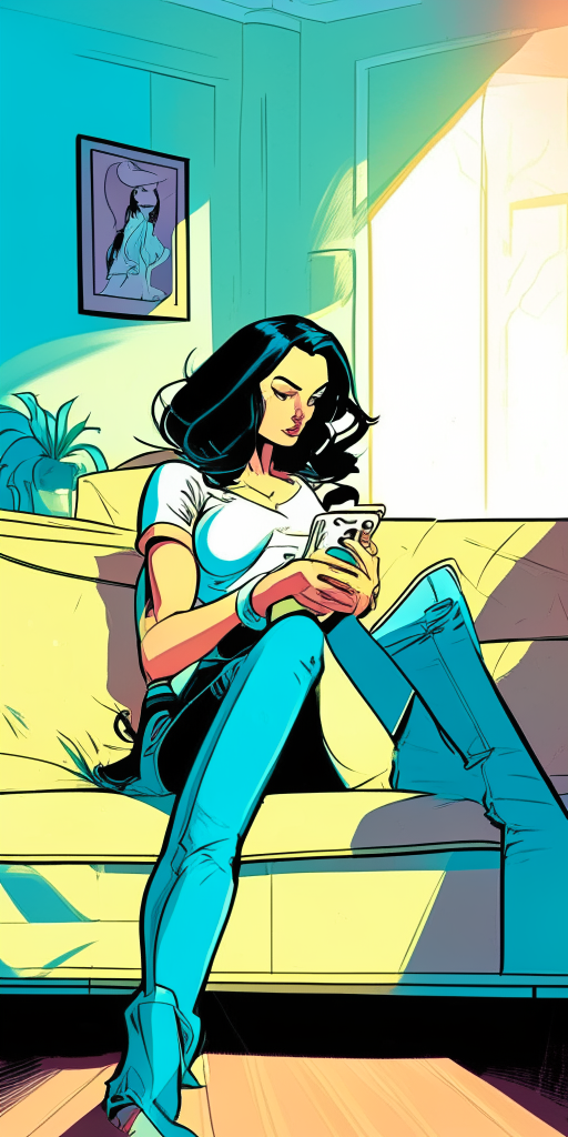 a bright room with pastel-colored furniture in the style of Zatanna comic book art. A beautiful woman in jeans and a t-shirt sits on the sofa looking at her smartphone, correct proportions.