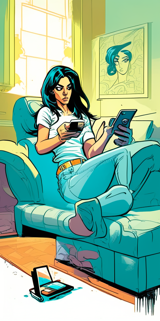 a bright room with pastel-colored furniture in the style of Zatanna and the House of Secrets comic book art. A beautiful woman in jeans and a t-shirt sits on the sofa looking at her smartphone, correct proportions.