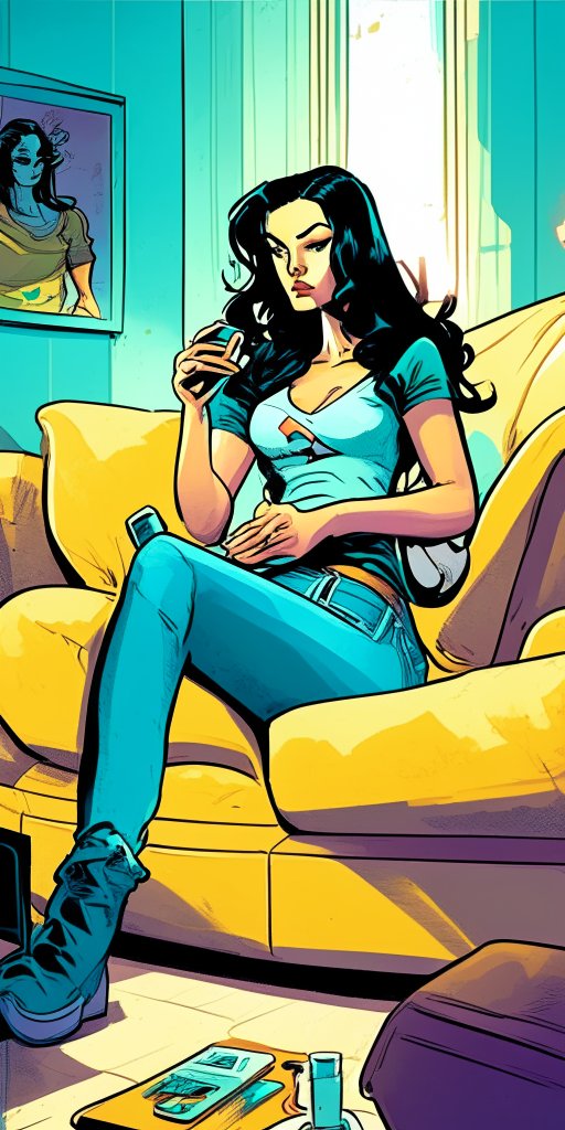 a bright room with pastel-colored furniture in the style of Zatanna and the House of Secrets comic book art. A beautiful woman in jeans and a t-shirt sits on the sofa looking at her smartphone, correct proportions.