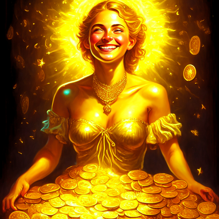 Money and coins in abundance irradiating golden lights