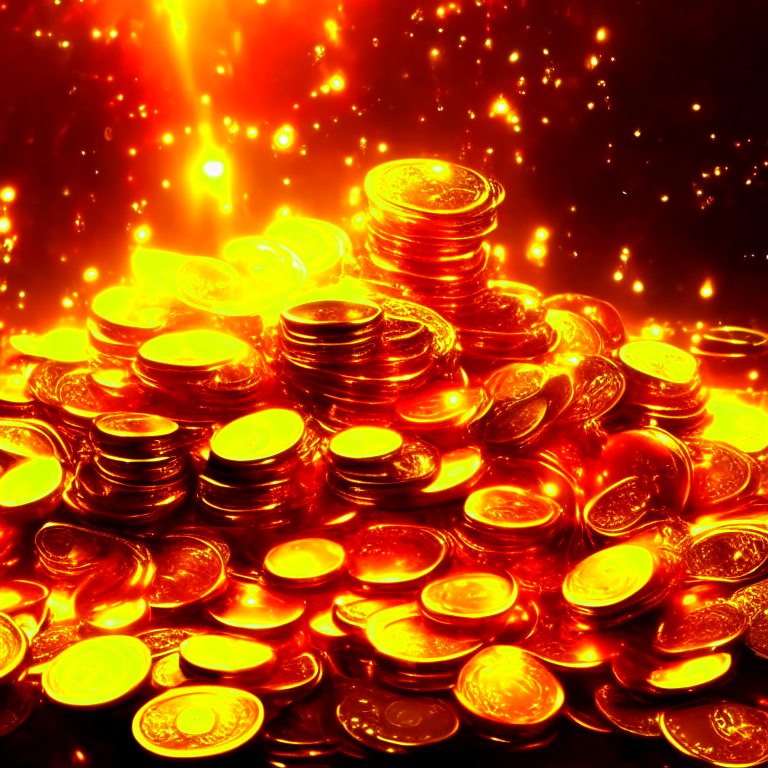 Money and coins in abundance irradiating golden lights