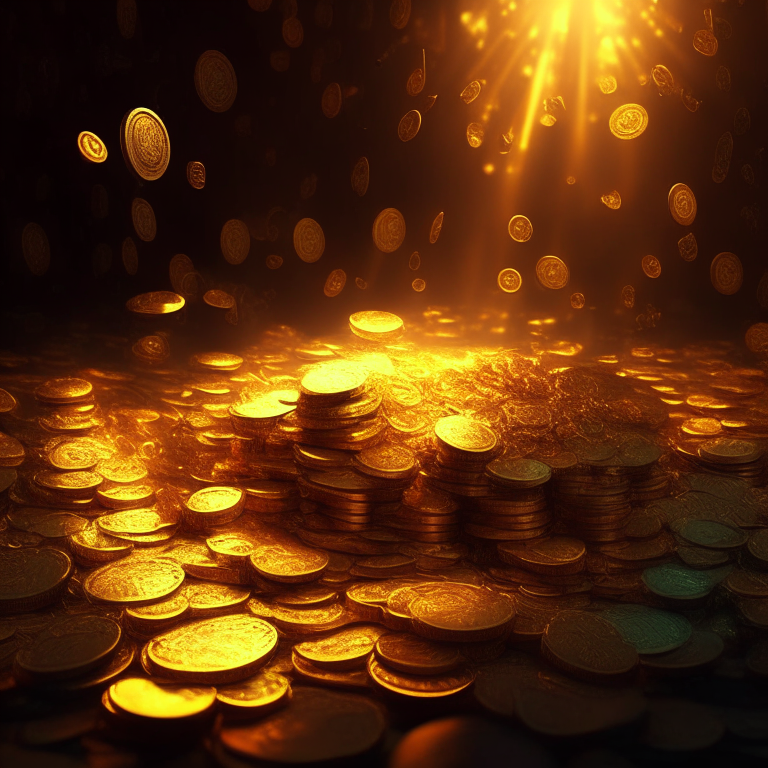 Money and coins in abundance irradiating golden lights
