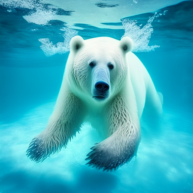 un oso polar nadando en una piscina azul, estilo fotografía