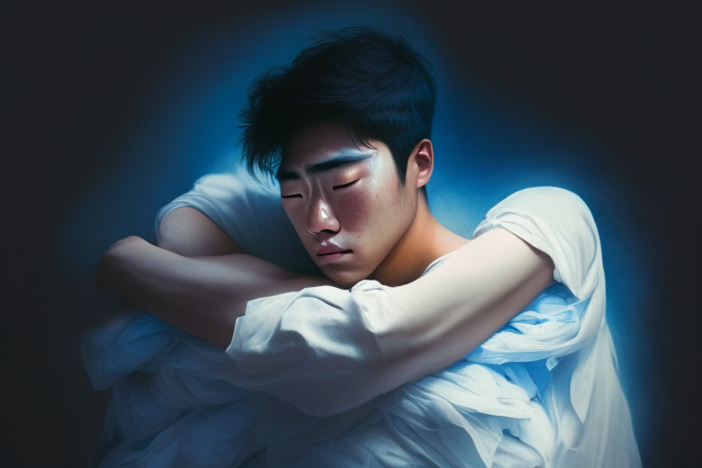 a young Asian man in a white shirt gently hugging a pile of dirty laundry, light blue glow around him