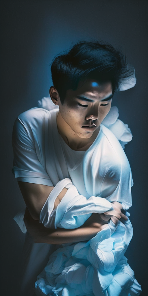 a young Asian man in a white shirt gently hugging a pile of dirty laundry, light blue glow around him, 4:9 aspect ratio