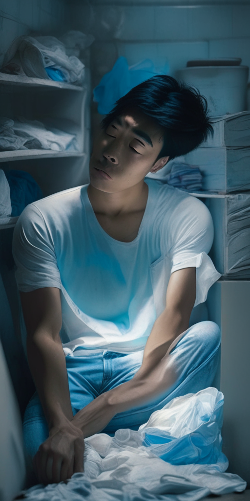 a young Asian man in a white shirt and jeans sitting and gently hugging a pile of dirty laundry in a laundry room, light blue glow around him, 4:9 aspect ratio