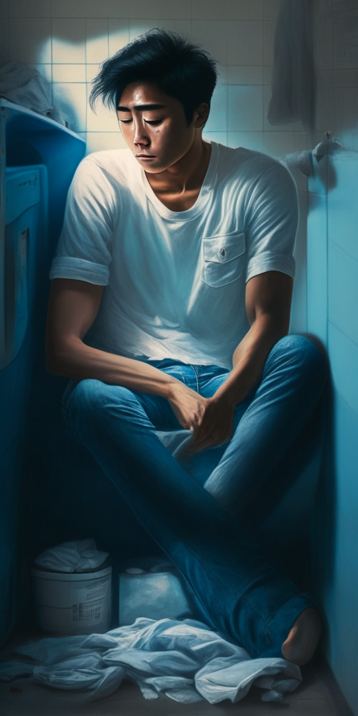 a young Asian man in a white shirt and jeans sitting in a laundry room and gently hugging a pile of dirty laundry, light blue glow around him