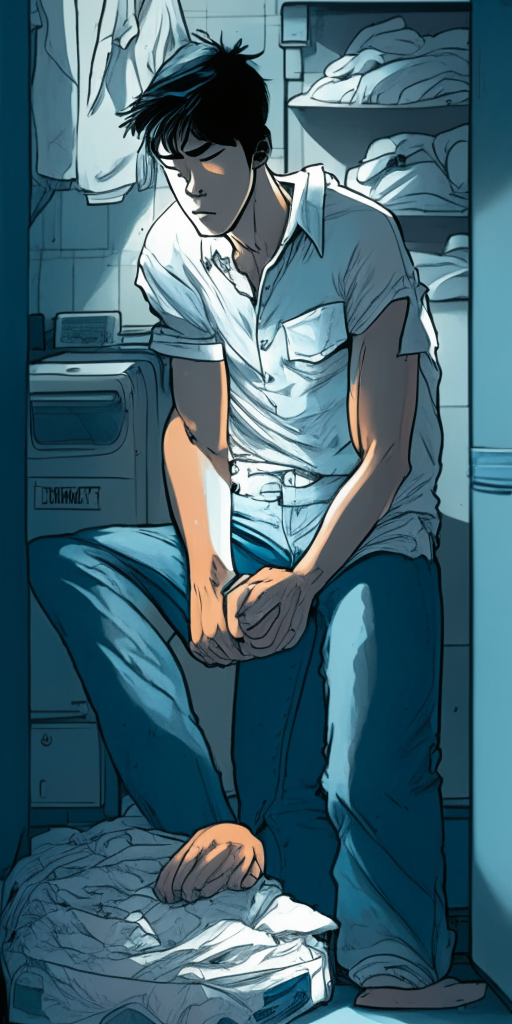 a young Asian man in a white shirt and jeans sitting in a laundry room and gently hugging a pile of dirty laundry, light blue glow around him, manga style, 4:9 aspect ratio