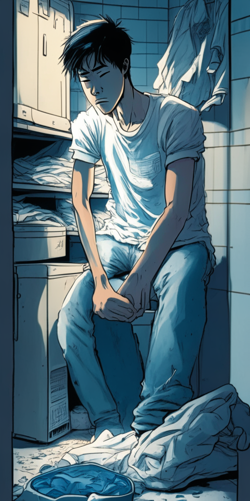 a young Asian man in a white shirt and jeans sitting on the floor in a laundry room and gently hugging a pile of dirty laundry, light blue glow around him, manga style, 4:9 aspect ratio