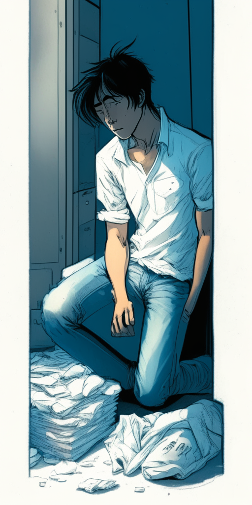 a young Asian man in a white shirt and jeans sitting on the floor in a laundry room and gently hugging a pile of dirty laundry, light blue glow around him, manga style, 4:9 aspect ratio, correct proportions
