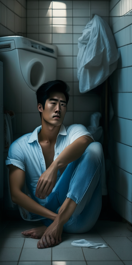 a young, handsome Asian man in a white shirt and jeans sitting on a tiled floor in a laundry room and gently hugging a pile of dirty laundry, light blue glow around him, 4:9 aspect ratio, correct proportions