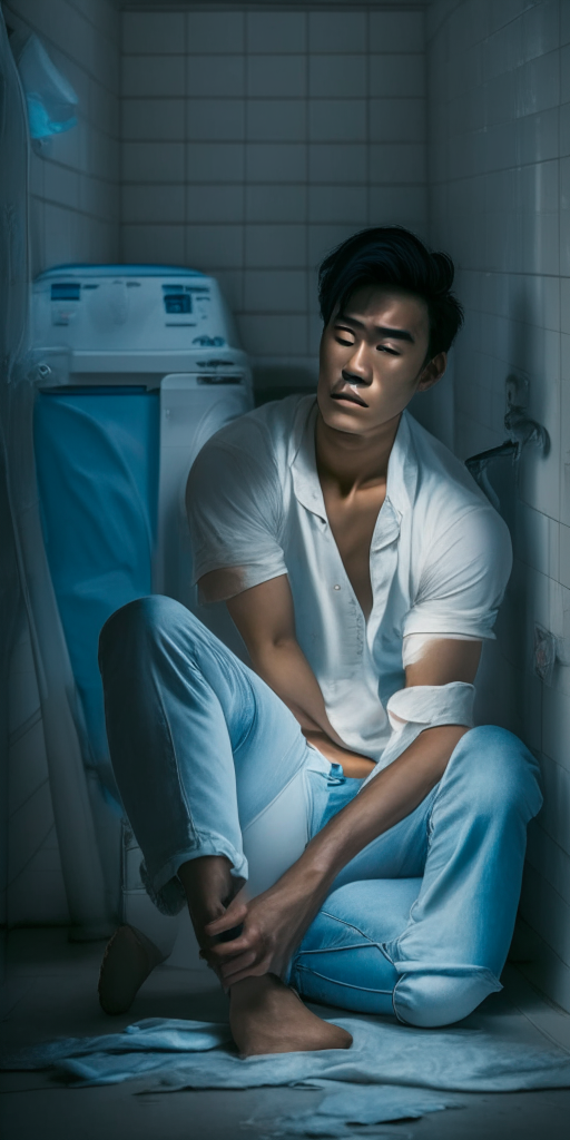 a young, handsome Asian man in a white shirt and jeans sitting on a tiled floor in a laundry room and gently hugging a pile of dirty laundry, light blue glow around him, 4:9 aspect ratio, correct proportions