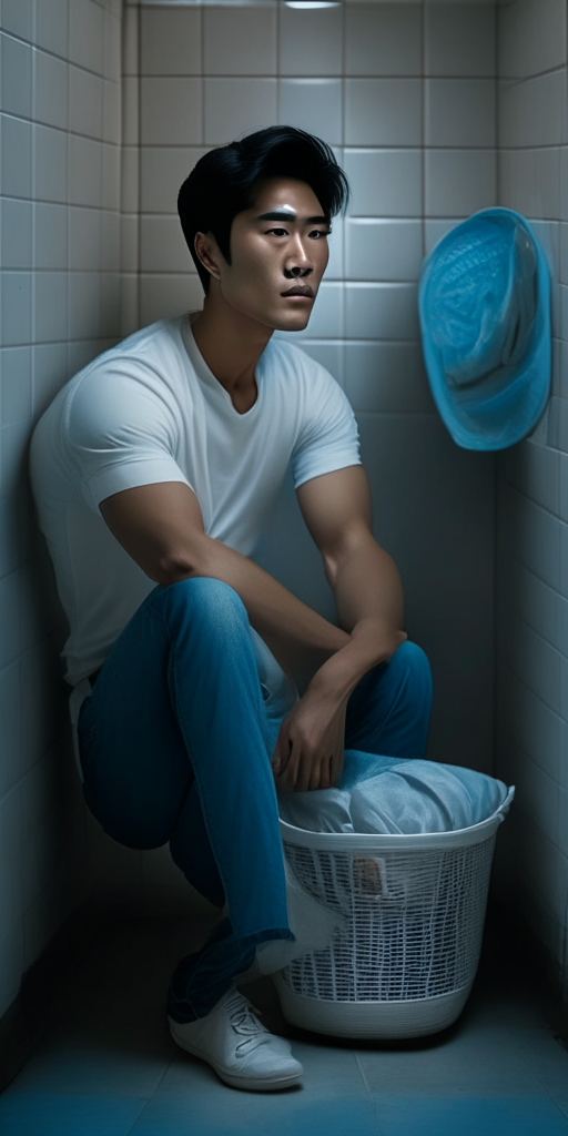 a young, handsome Asian man in a white shirt and jeans sitting on a tiled floor in a laundry room and gently hugging a laundry basket, light blue glow around him, 4:9 aspect ratio, correct proportions