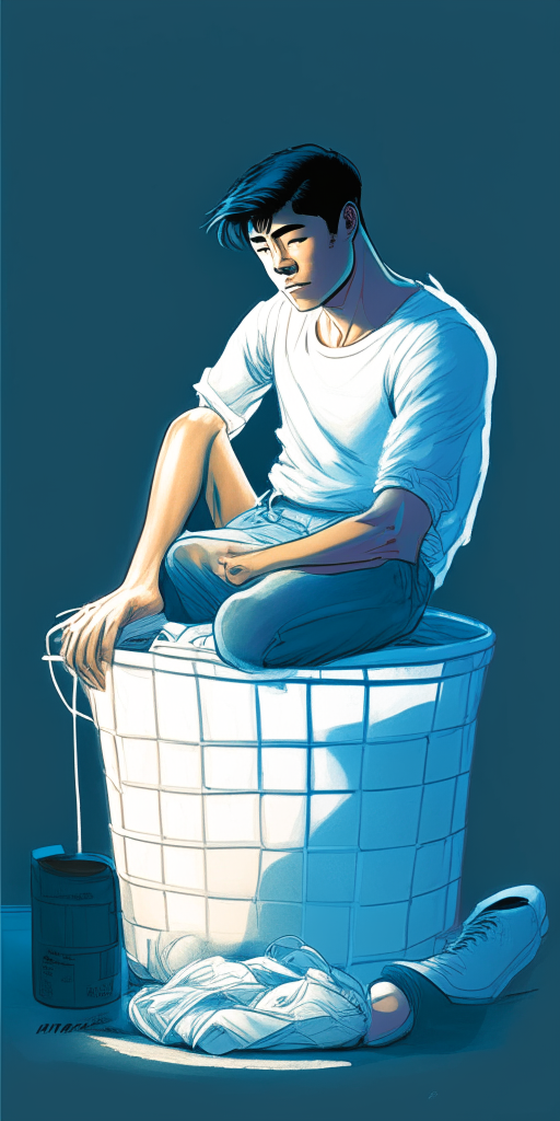 a young, handsome Asian man in a white shirt and jeans sitting and gently hugging a laundry basket, light blue glow around him, Chinese comic style, 4:9 aspect ratio, correct proportions
