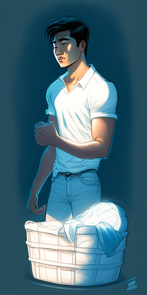 a young, handsome Asian man in a white shirt and jeans gently hugging a laundry basket, light blue glow around him, Chinese comic style, 4:9 aspect ratio, correct proportions