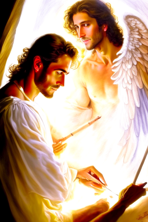 The Angel Gabriel doing a painting on canvas