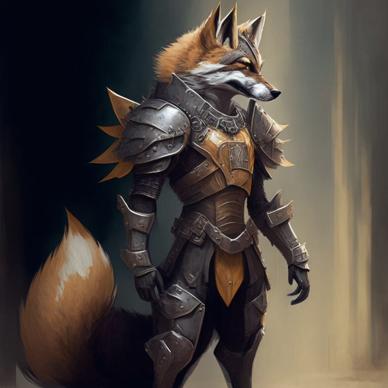 a werefox standing upright wearing armor, digitally painted artwork