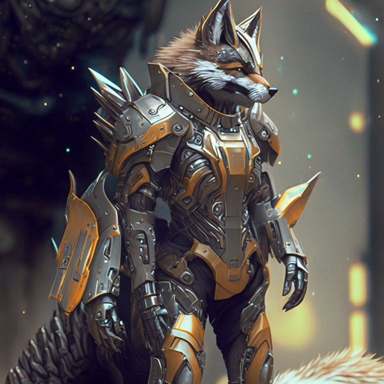 a werefox wearing futuristic armor