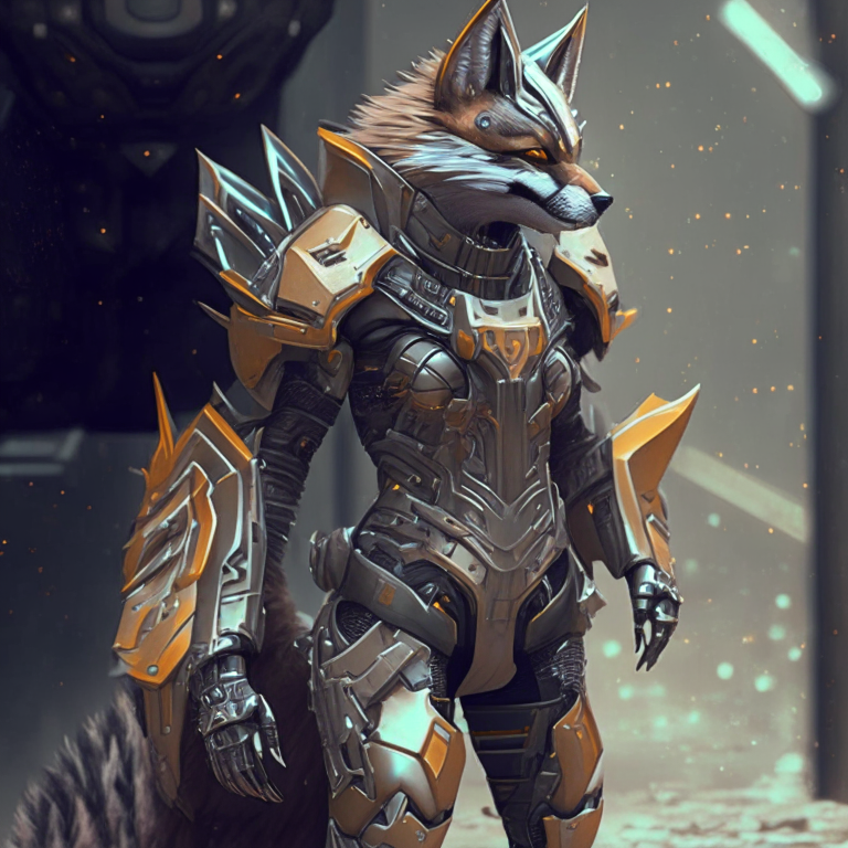 a werefox wearing futuristic armor