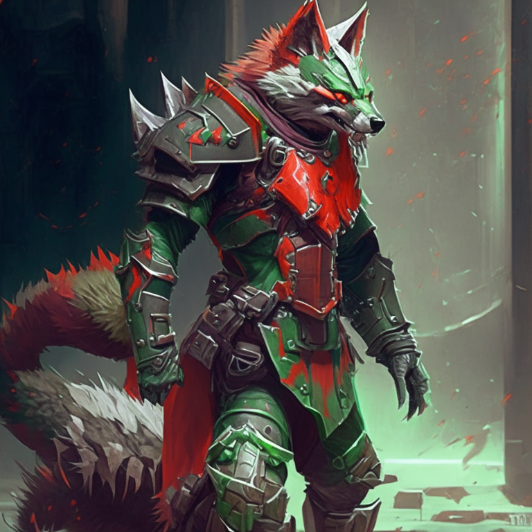a werefox wearing green and red armor inspired by Doom