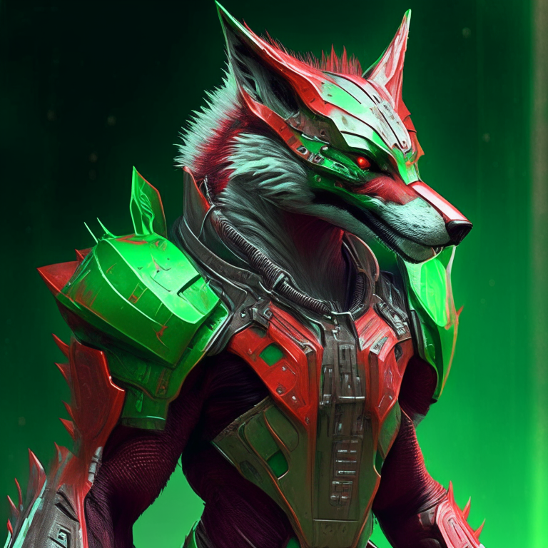 a werefox wearing smooth green and red futuristic armor