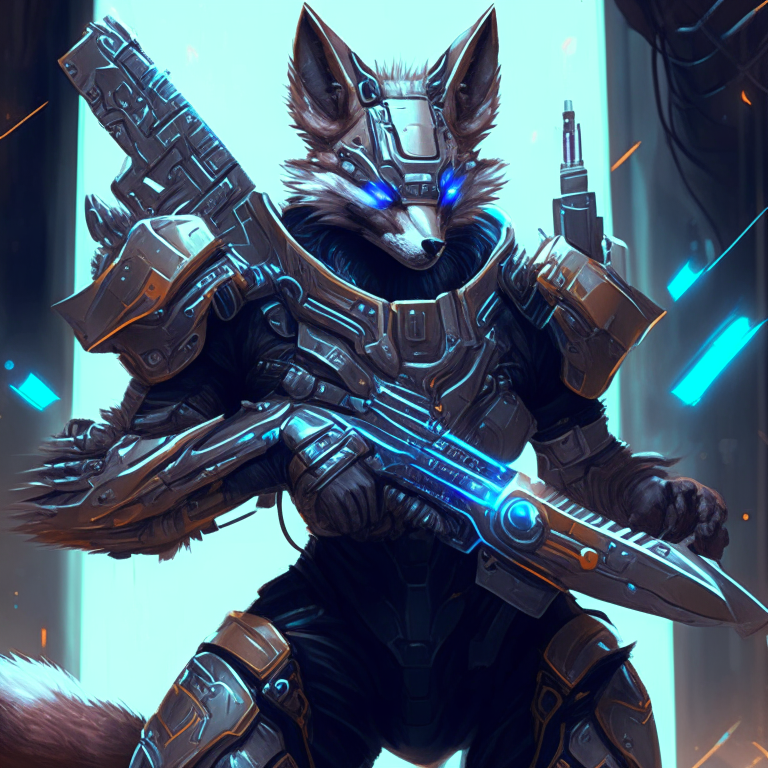 a futuristic cybernetic werefox warrior wearing sleek armor, holding a plasma rifle, intricate details, digital painting