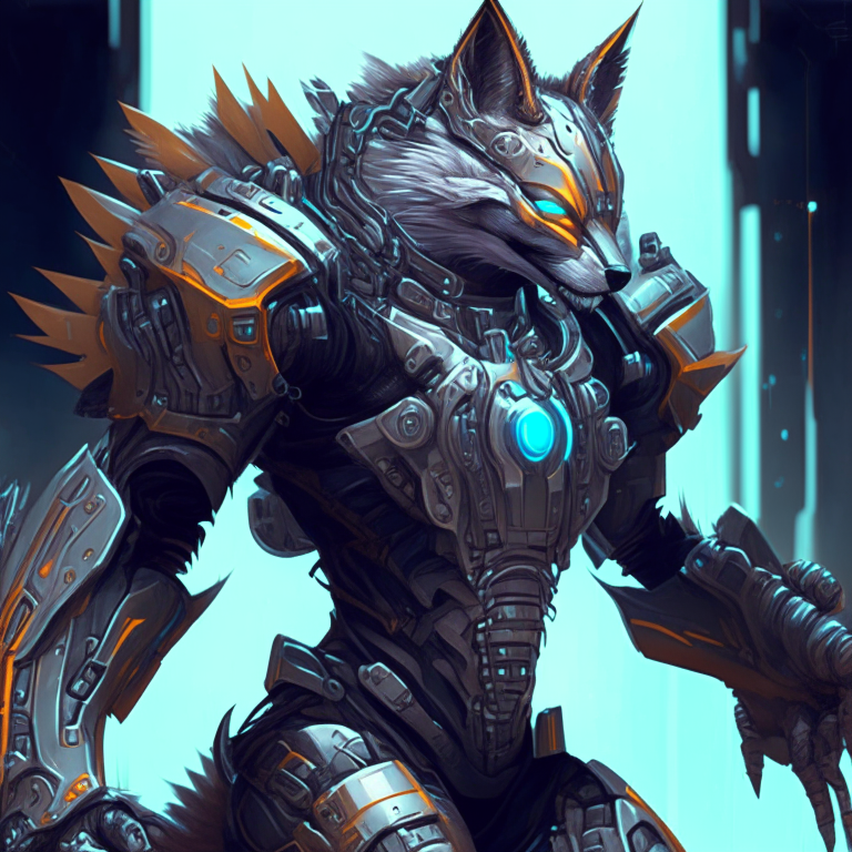 a futuristic cybernetic werefox warrior wearing sleek armor, wrist launchers instead of guns, intricate details, digital painting