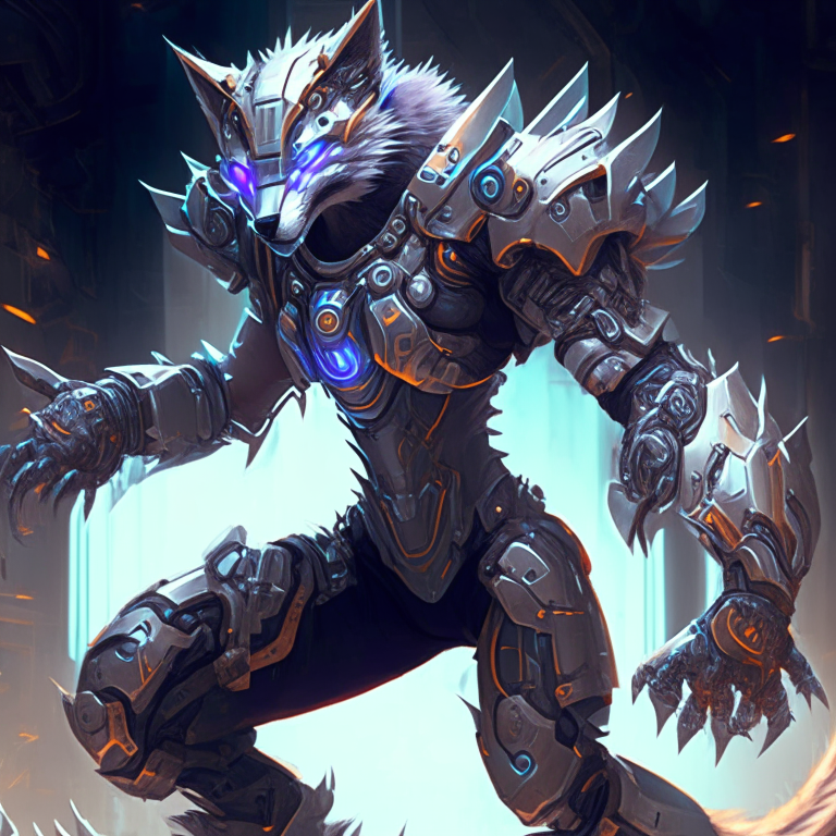a futuristic cybernetic werefox warrior in a powerful stance, wearing sleek armor, wrist launchers, radiating energy, intricate details, digital painting