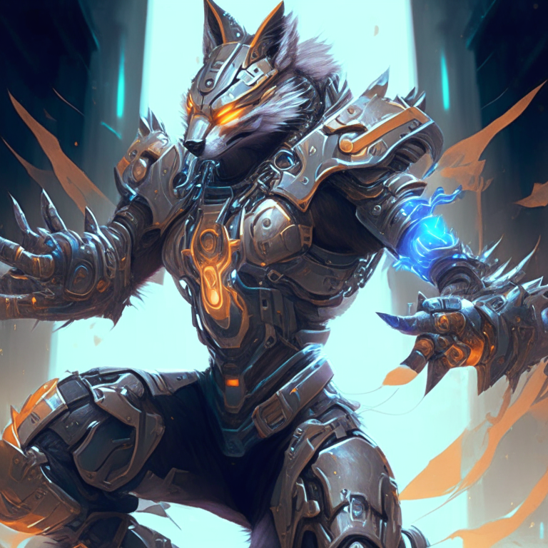 a powerful futuristic cybernetic werefox warrior wearing sleek armor and wrist launchers, hands in a natural open position, radiating energy, intricate details, digital painting
