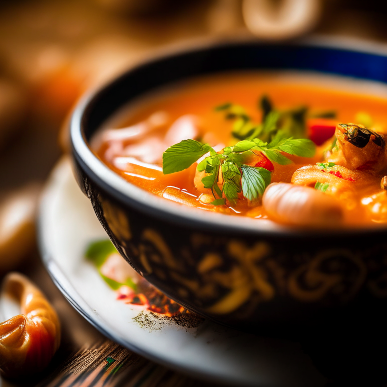 Tom Yum Goong spicy shrimp soup in a Thai restaurant, shallow depth of field, extremely sharp focus, bright natural lighting, Thai decorations