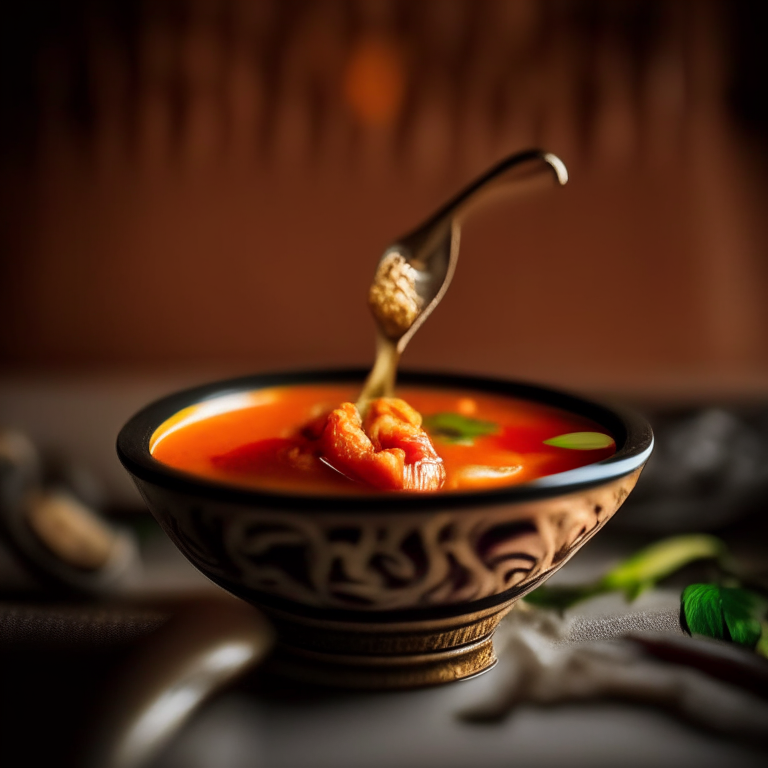 Tom Yum Goong spicy shrimp soup, completely in focus, Thai decor, Thai restaurant, Thai spoon, filling the frame, minimal background