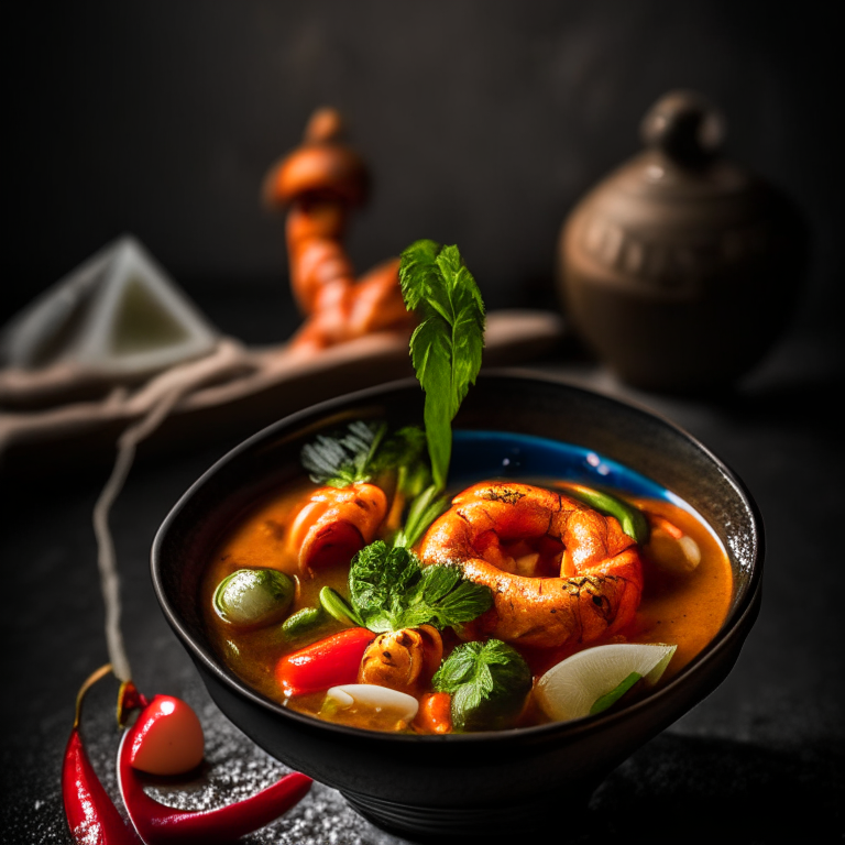 Tom Yum Goong spicy shrimp soup, razor-sharp focus, Thai restaurant, bright studio lighting, Thai ceramic bowl, Thai spoon, fresh herbs