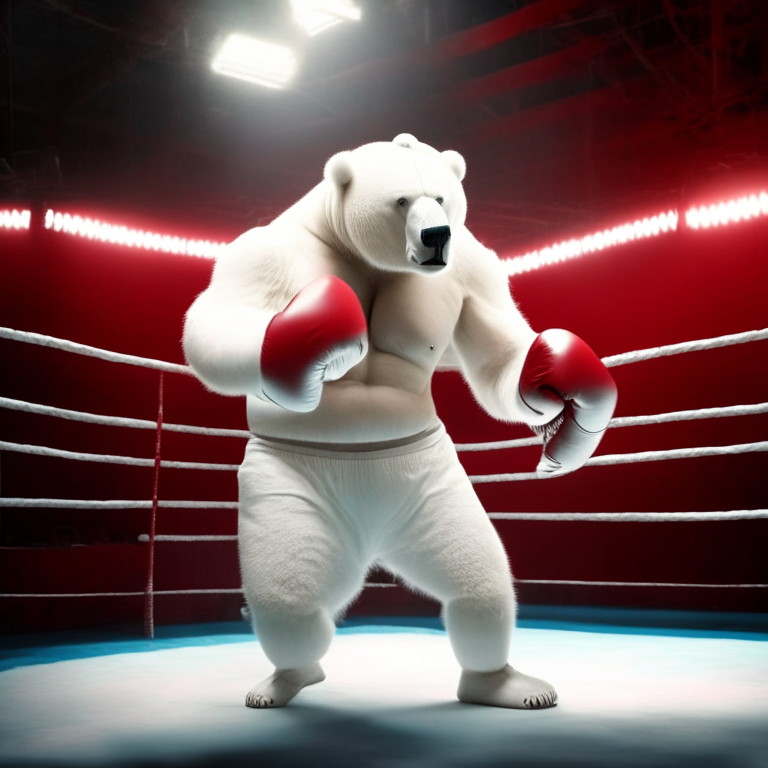 A large white polar bear wearing red boxing gloves and shorts, in a fighting stance, in a boxing ring under bright lights