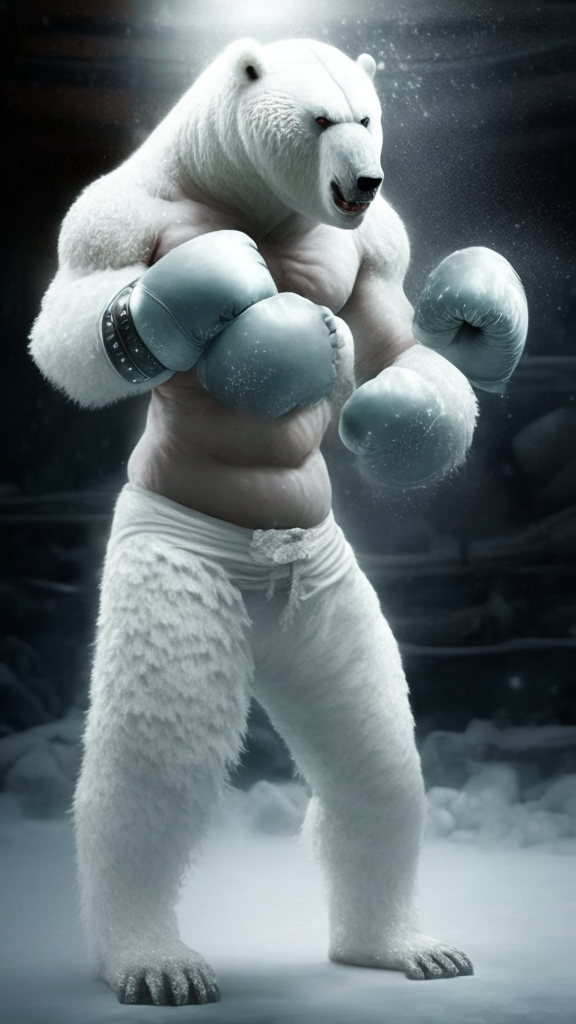 Humanoid, white polar bear, Muay Thai fighter with wrapped hands