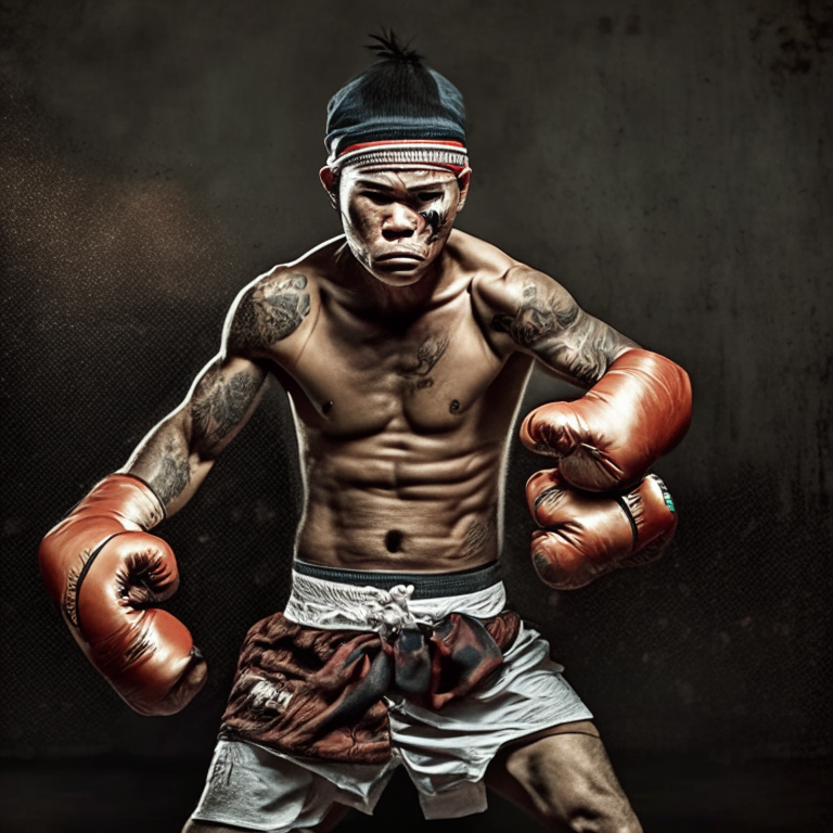 Muay Thai fighter wearing shorts and headgear, with hands wrapped in rags, in a fighting stance