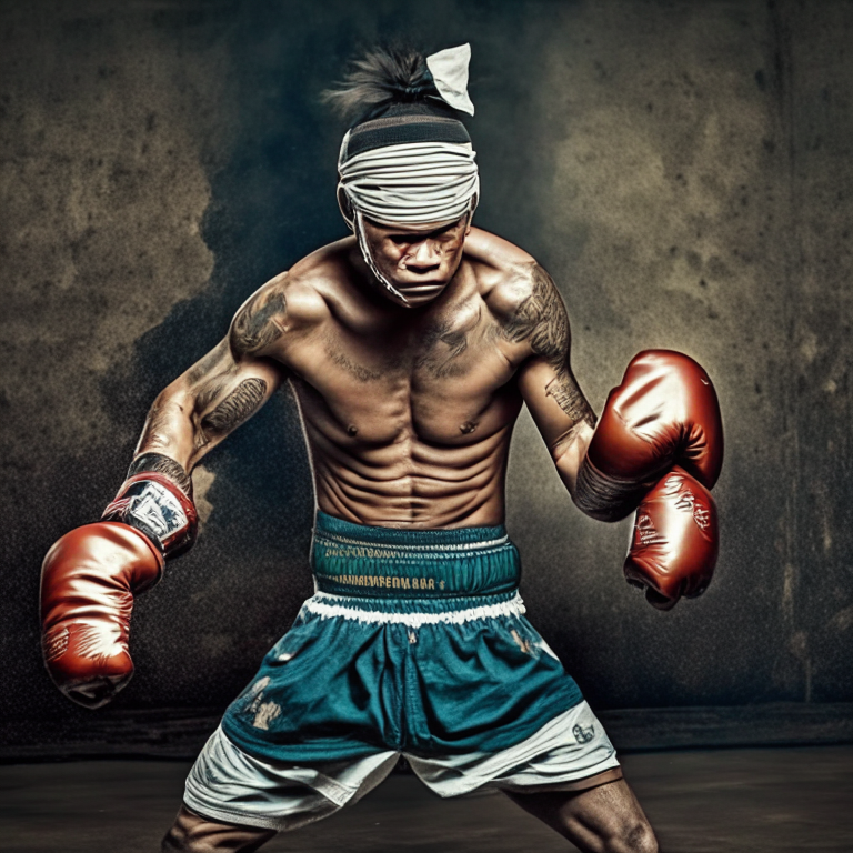 Muay Thai fighter wearing shorts and headgear, with hands wrapped in rags, in a fighting stance