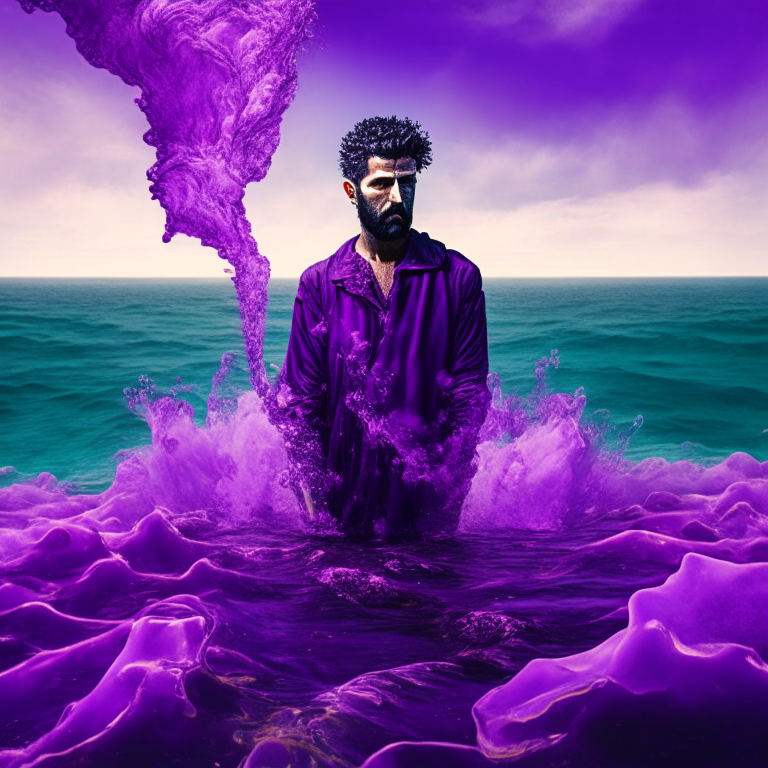 stoic man in front of an ocean of acidic chemicals bubbling and oozing purple jelly-like liquid from the fast depths of the Mediterranian sea