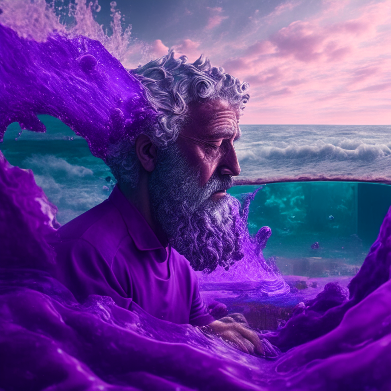 stoic man watching an ocean of acidic chemicals bubbling and oozing purple jelly-like liquid from the fast depths of the Mediterranian sea from his home in an ultra-realistic,8k image