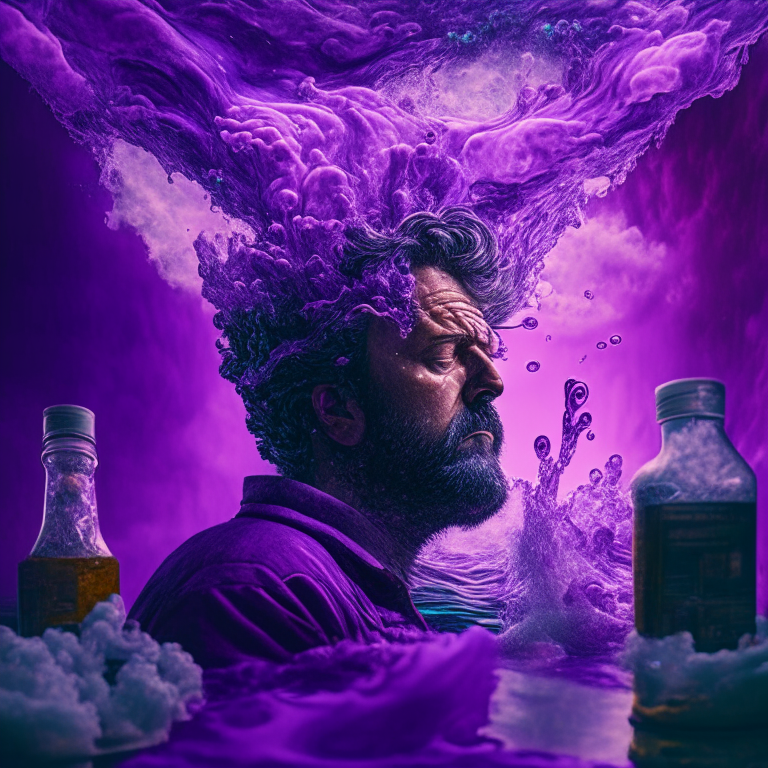 stoic man watching an aggressive and turbulent ocean of acidic chemicals bubbling and oozing purple jelly-like liquid from his home in an ultra-realistic,8k image