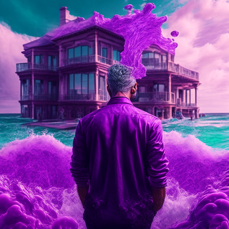 stoic man looking out from his million dollar beachfront mansion at a aggressive and turbulent ocean of acidic chemicals bubbling and oozing purple jelly-like liquid  an ultra-realistic,8k image