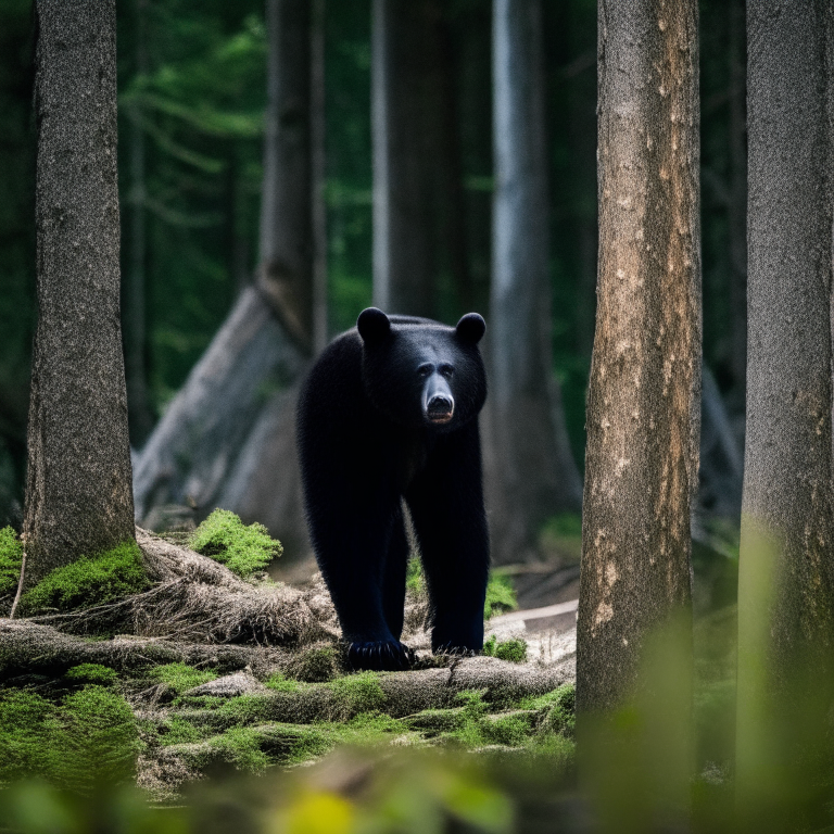 a photo of a black bear standing in a forest