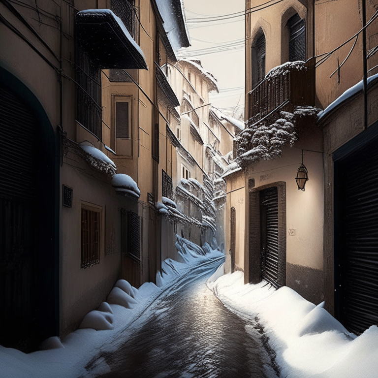callejón moderno con nieve cayendo