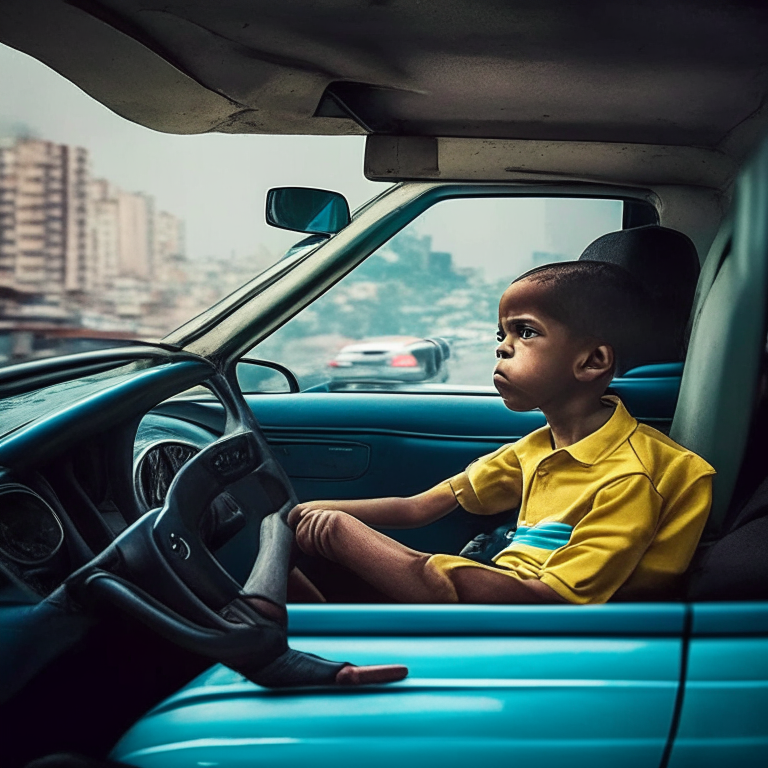 6 Year Old Boy Riding With His Father In The BMW Car To School In Rio De Janeiro In 2017