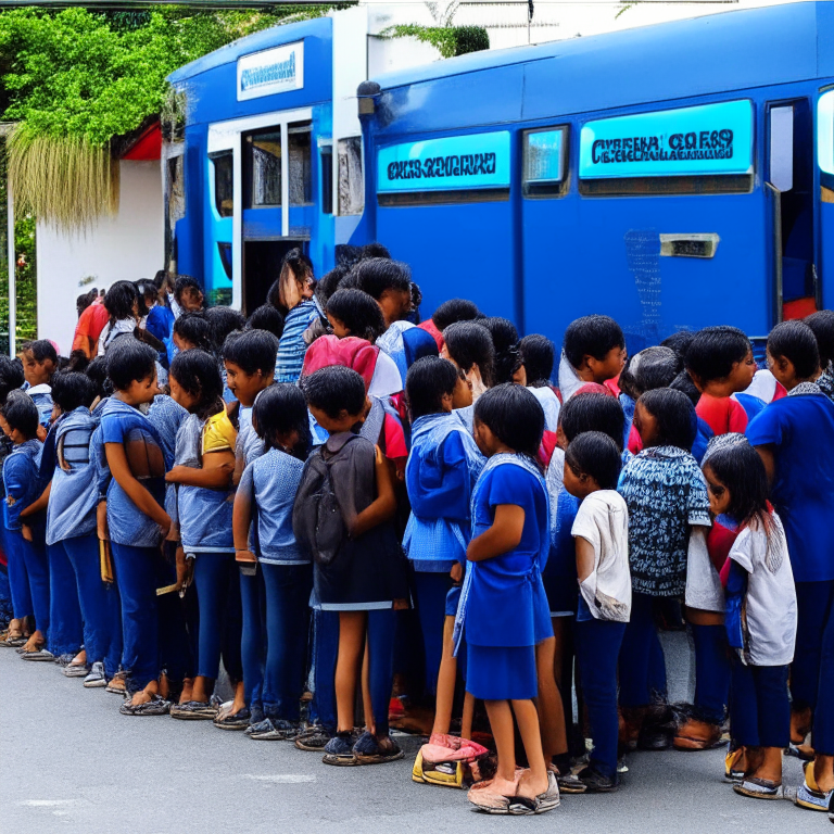 120 Students Age 4 - 8 Years Old And 9 Employees From Escola Municipal Guatemala (Public School In Rio De Janeiro) Queuing To Get On The School Bus (Navy Blue Color) For A School Trip In front of the school  In Rio De Janeiro In 2017
