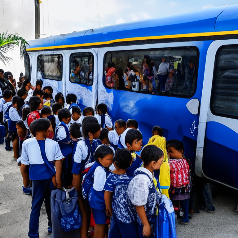 120 Students Age 4 - 8 Years Old And 9 Employees From Escola Municipal Guatemala (Public School In Rio De Janeiro) Queuing To to board On The School Bus (Navy Blue Color) For A School Trip In front of the school  In Rio De Janeiro In 2017