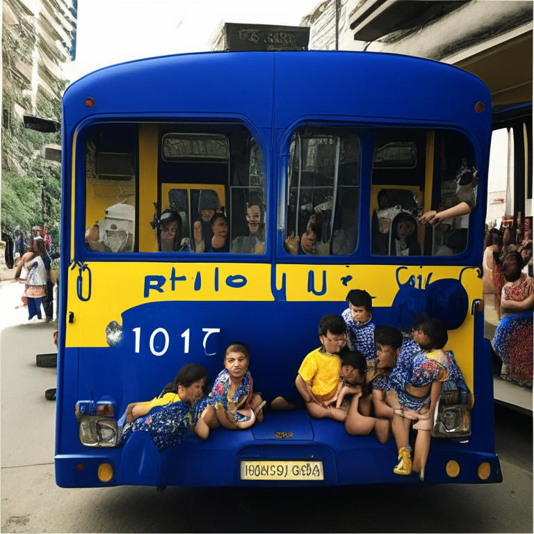 Outiside Of The School Bus (Navy Blue Color) With 120 Students Age 4 - 8 Years Old And 9 Adults In Rio De Janeiro In 2017
