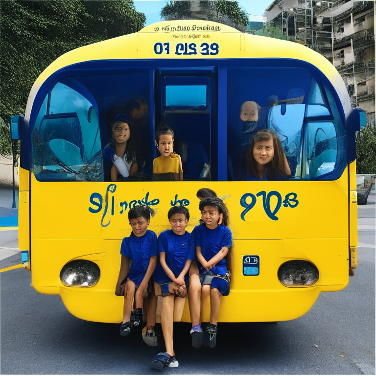 Outiside Of The School Bus (Navy Blue Color) With 120 Students Age 4 - 8 Years Old And 9 Adults In Rio De Janeiro In 2017