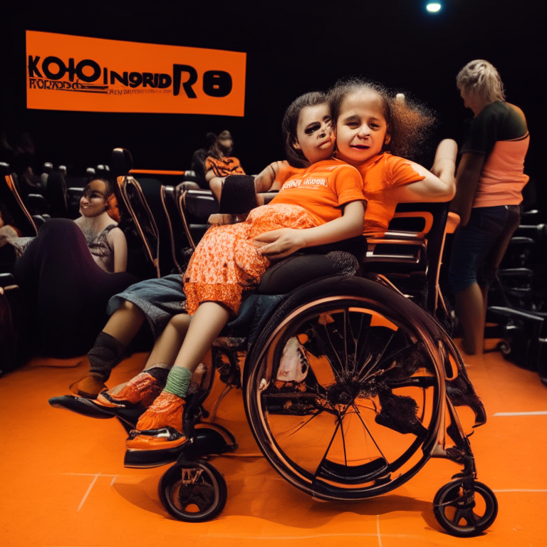  21 Kids Age 4 - 6 Years Old And 1 Woman In Receiving a Deformed 6-Year-Old Child in a Wheelchair with His Mother At Kinoplex Cinemas (With Orange Logo) In Rio De Janeiro In 2017